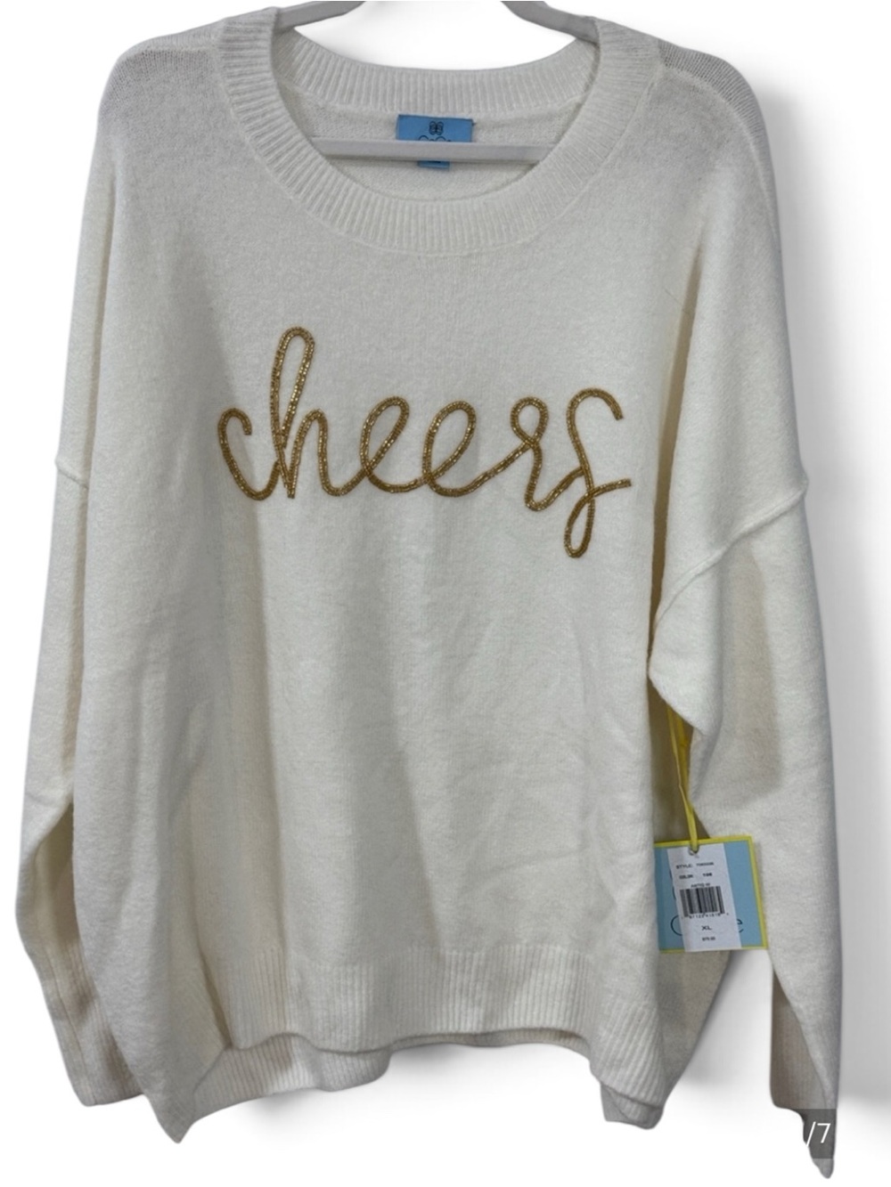 CeCe Cream Oversized Knit Crewneck Sweater w/ Beaded Gold 'cheers' Script - XL - Picture 1 of 7